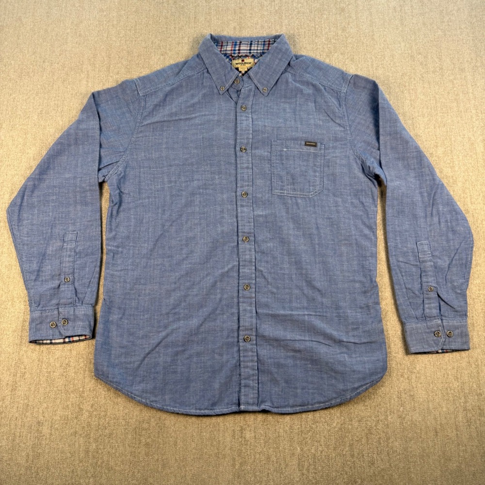 Woolrich Button Down Shirt Mens Large Blue Chambray Plaid Trim Long Sleeve